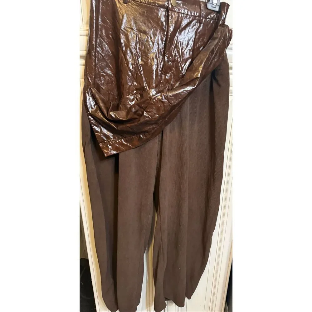 Micas Womens Faux Leather Patchwork Zipper Wide Leg Barrel Trousers Coffee Large